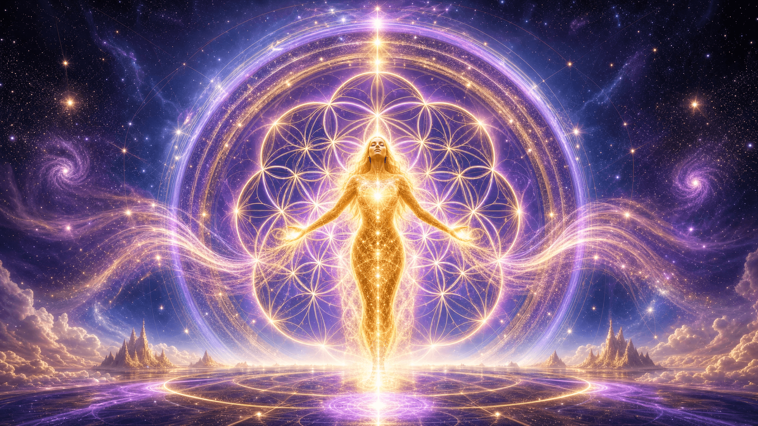 Centered figure surrounded by sacred geometric light in deep cosmic purple representing spiritual alignment and divine purpose through Celestial Coaching
